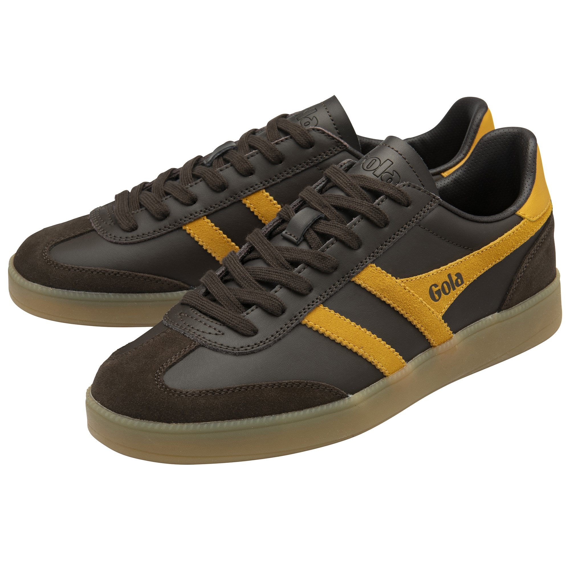 Two brown Gola men's sneakers with yellow side stripes angled right.