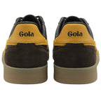 Rear view of two brown Gola men's sneakers with yellow trim.
