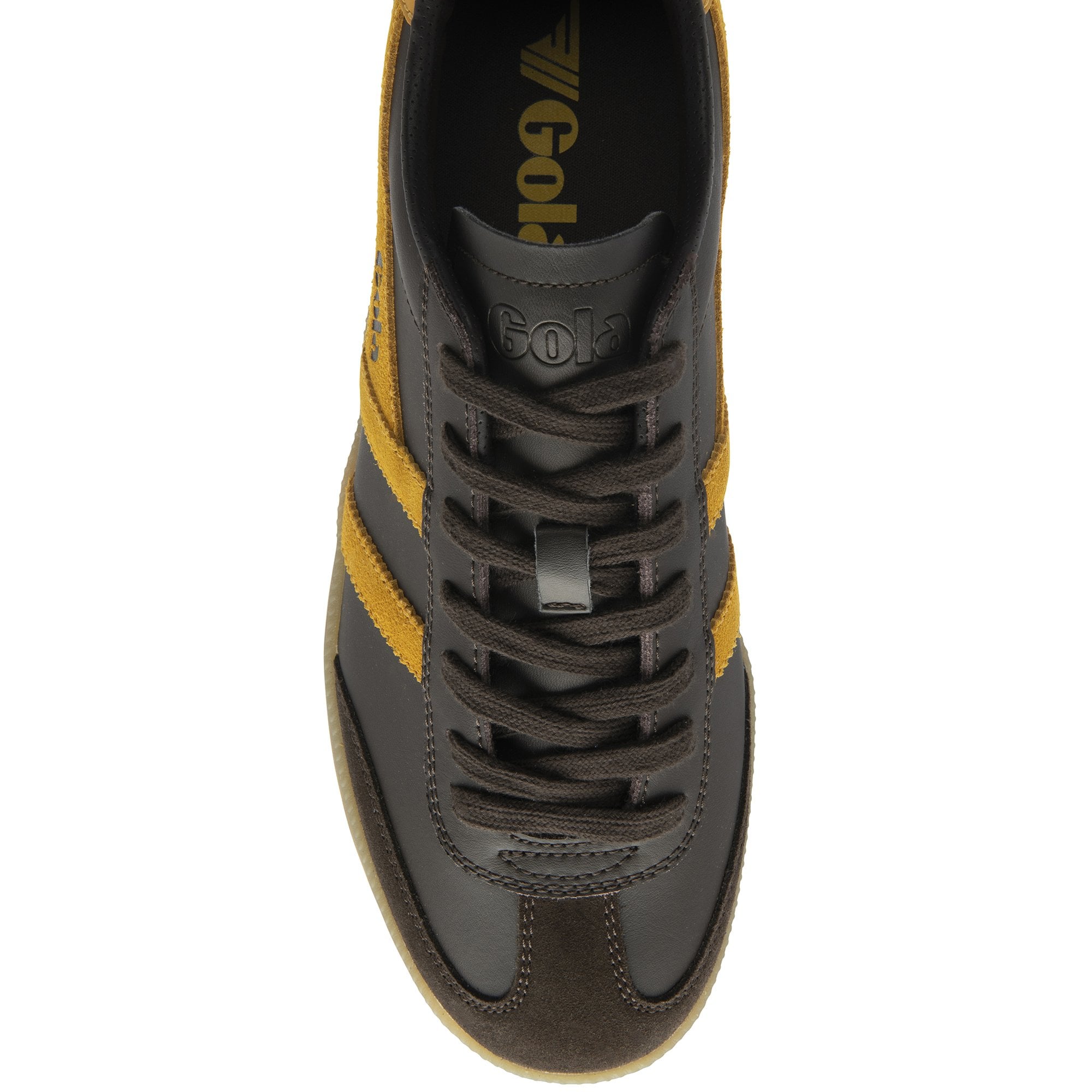 Overhead view of a brown Gola men's sneaker with yellow side stripes.