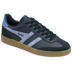 A single dark blue Gola low-top sneaker with light blue stripes and a tan sole at an angle.
