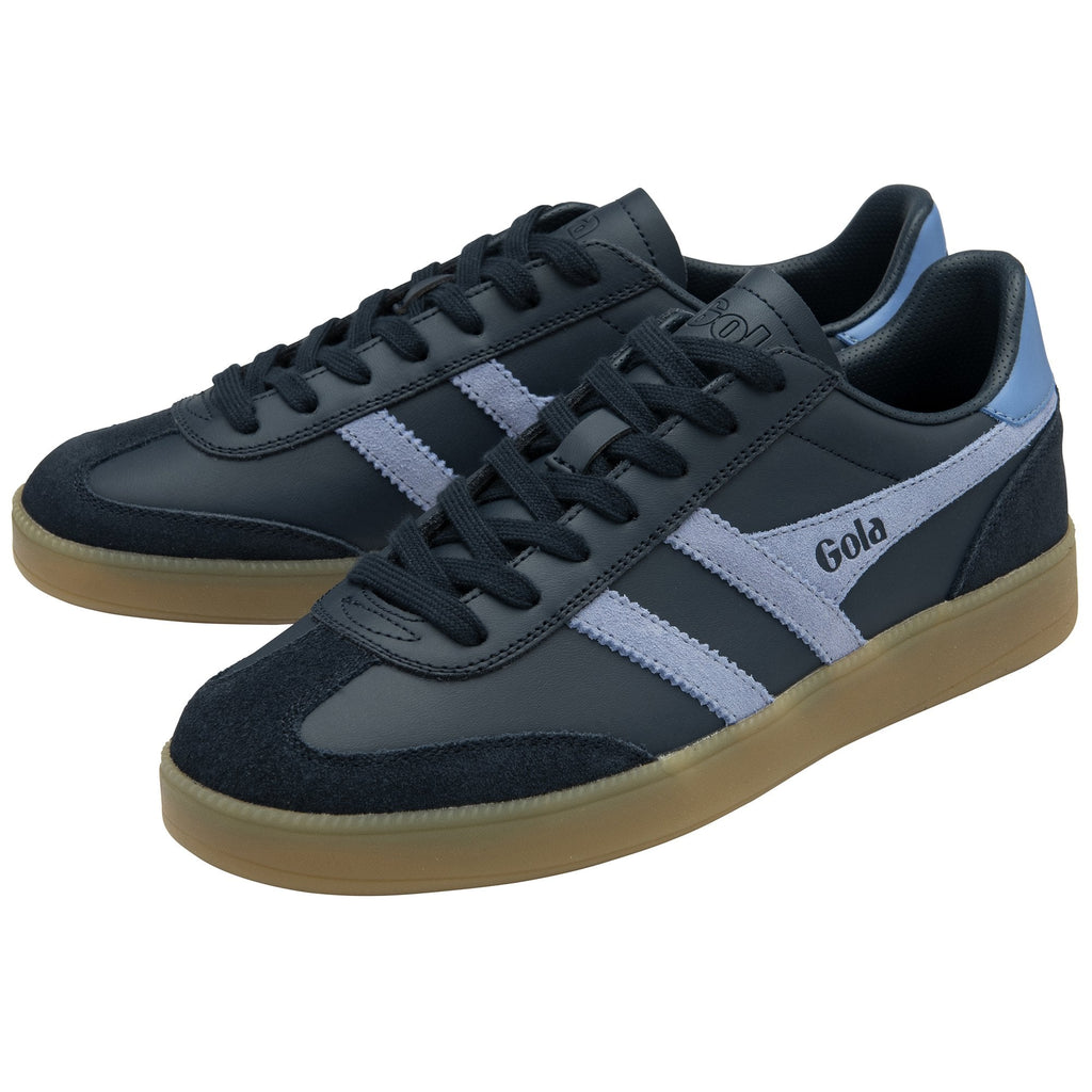 A pair of dark blue Gola low-top sneakers with light blue stripes and tan soles.
