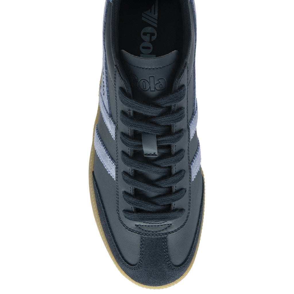 An overhead view of a dark blue Gola low-top sneaker with light blue stripes.
