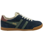 Side profile of a Gola men's low-top sneaker in blue suede with green stripes and gum sole.