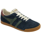 Angled view of a Gola men's low-top sneaker in blue suede with green stripes and gum sole.