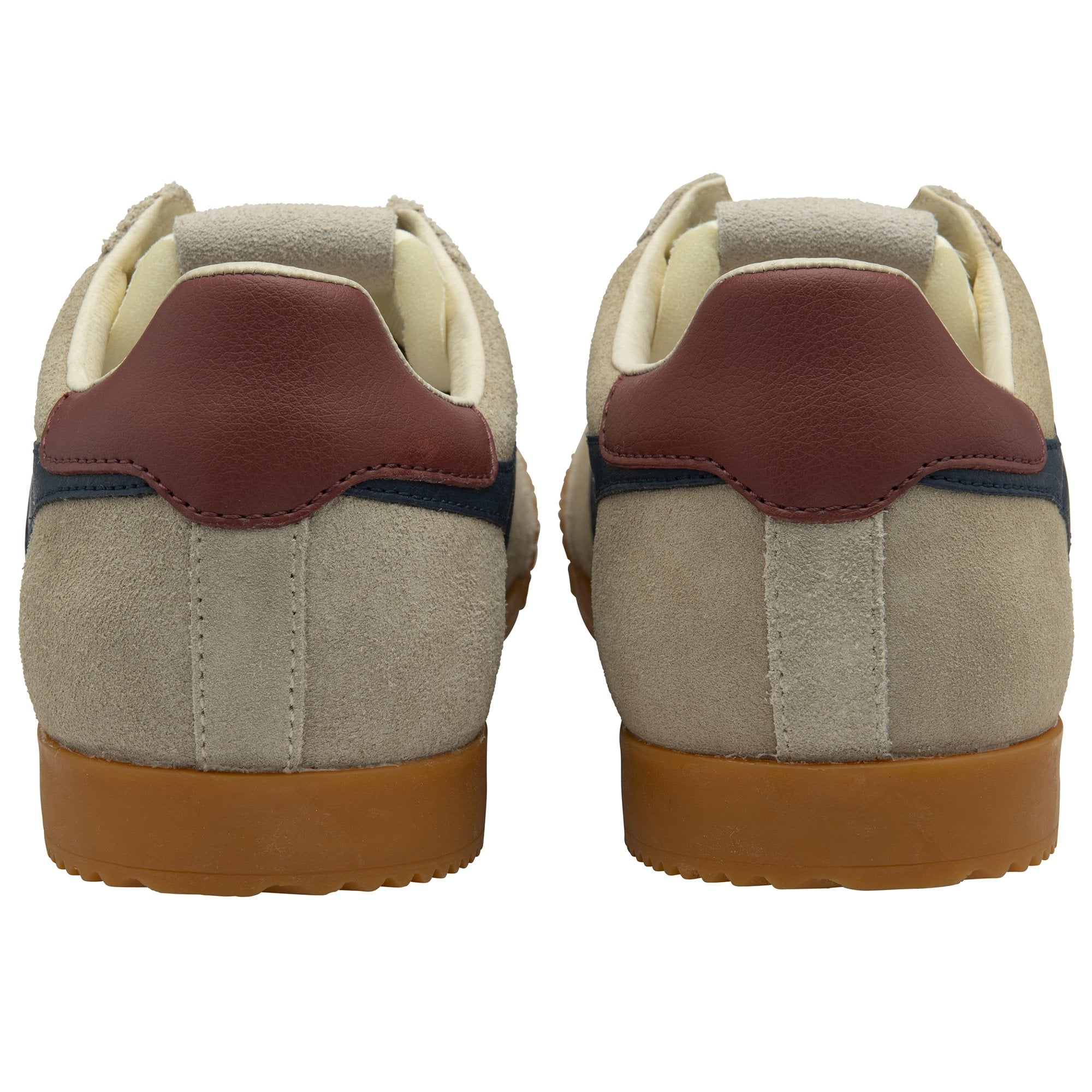 The rear view of two Gola Harrier trainers in beige with maroon heel details.