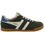 Gola low-top sneakers in dark green suede with white side stripes and a blue heel accent.