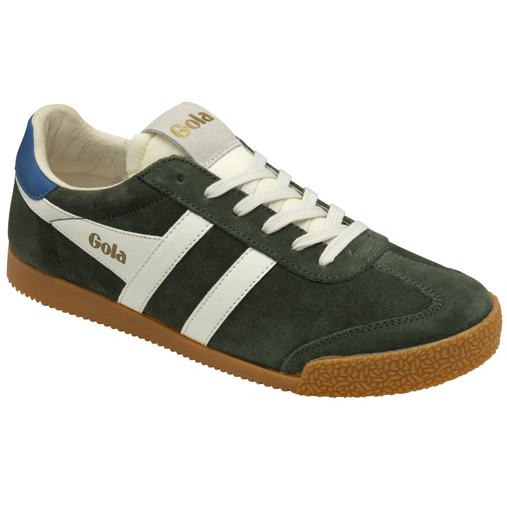 Side profile of a dark green Gola sneaker with white stripes and a gum sole.