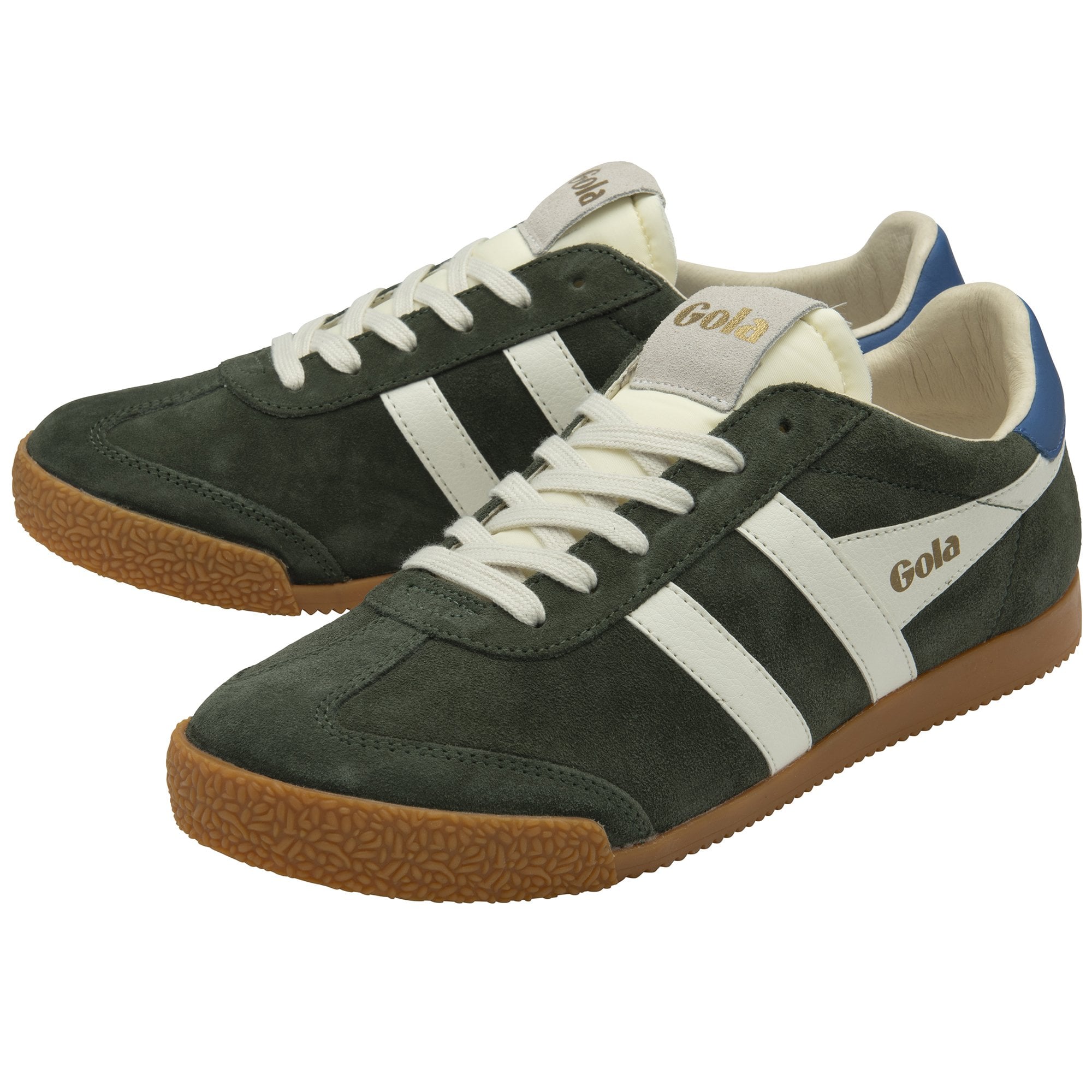 Pair of dark green suede Gola sneakers with white stripes and blue heel tabs.