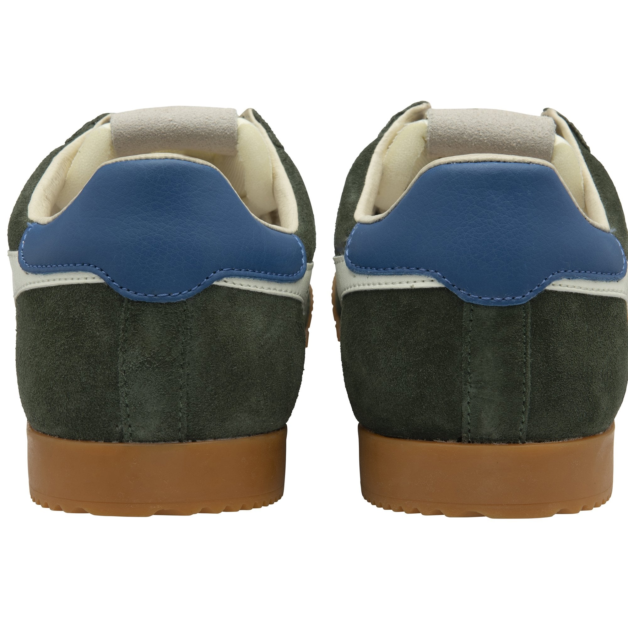 Rear view of two dark green Gola sneakers showing blue heel accents and gum soles.