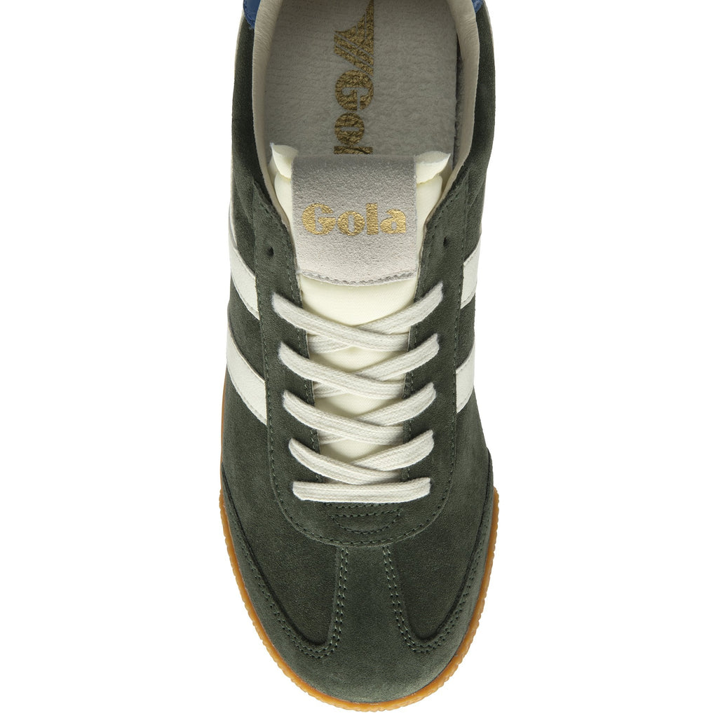 Top-down view of a dark green Gola sneaker with white laces and side stripes.