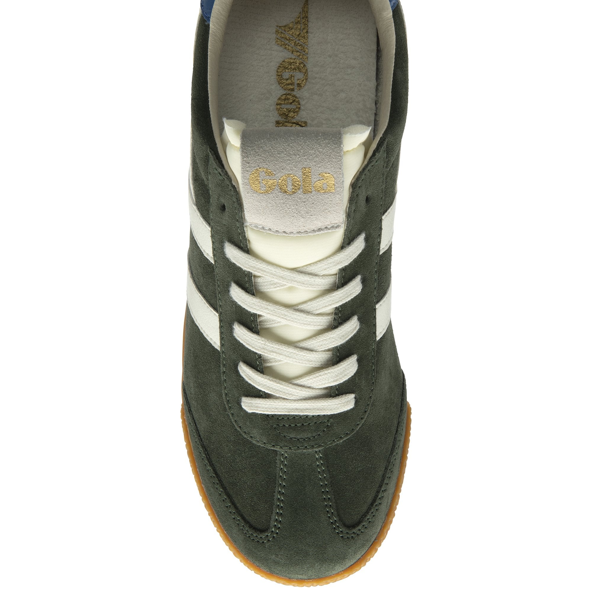 Top-down view of a dark green Gola sneaker with white laces and side stripes.