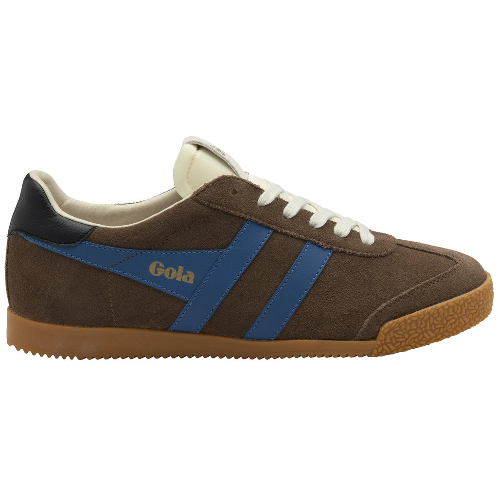 Brown Gola men's sneaker with blue stripes and gold logo on a white background.