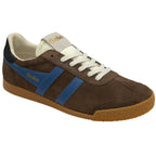 Brown Gola men's sneaker with blue stripes and gold logo on a white background.