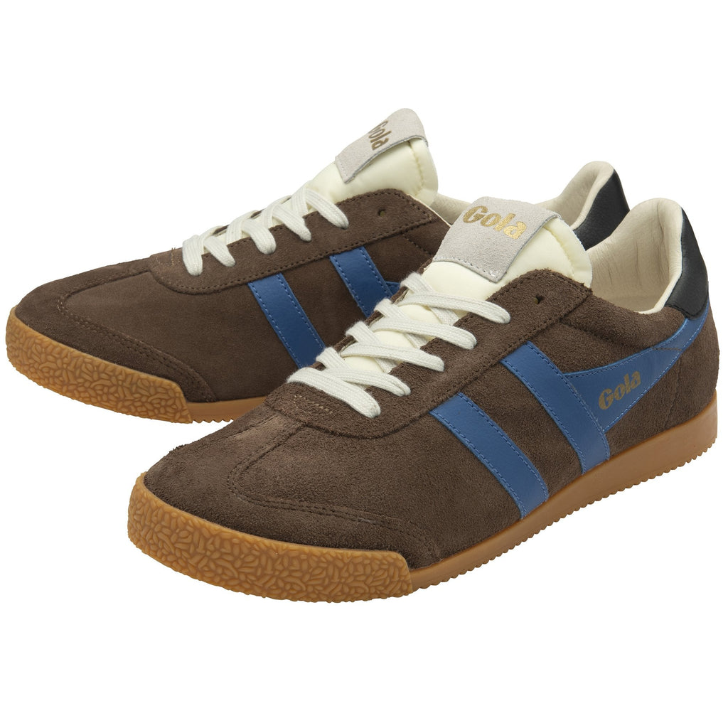 Pair of brown Gola men's sneakers with blue stripes and gold logo on a white background.