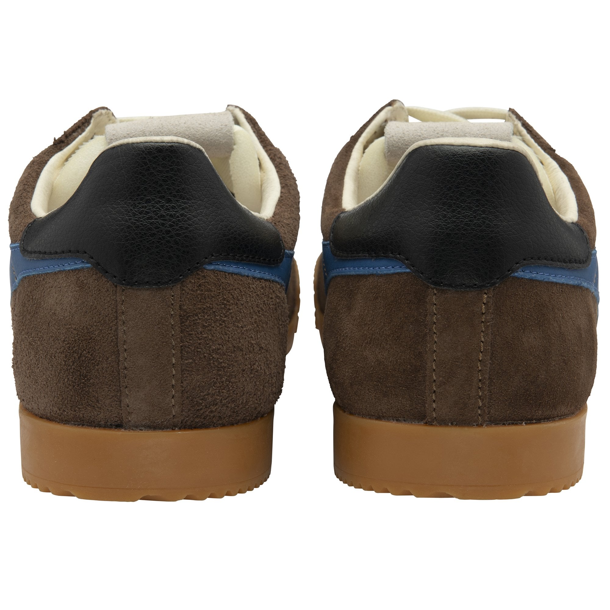Rear view of brown Gola men's sneakers showing black heel tab and gum sole.