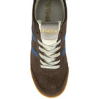 Top-down view of a brown Gola men's sneaker with blue stripes, gold logo, and white laces.