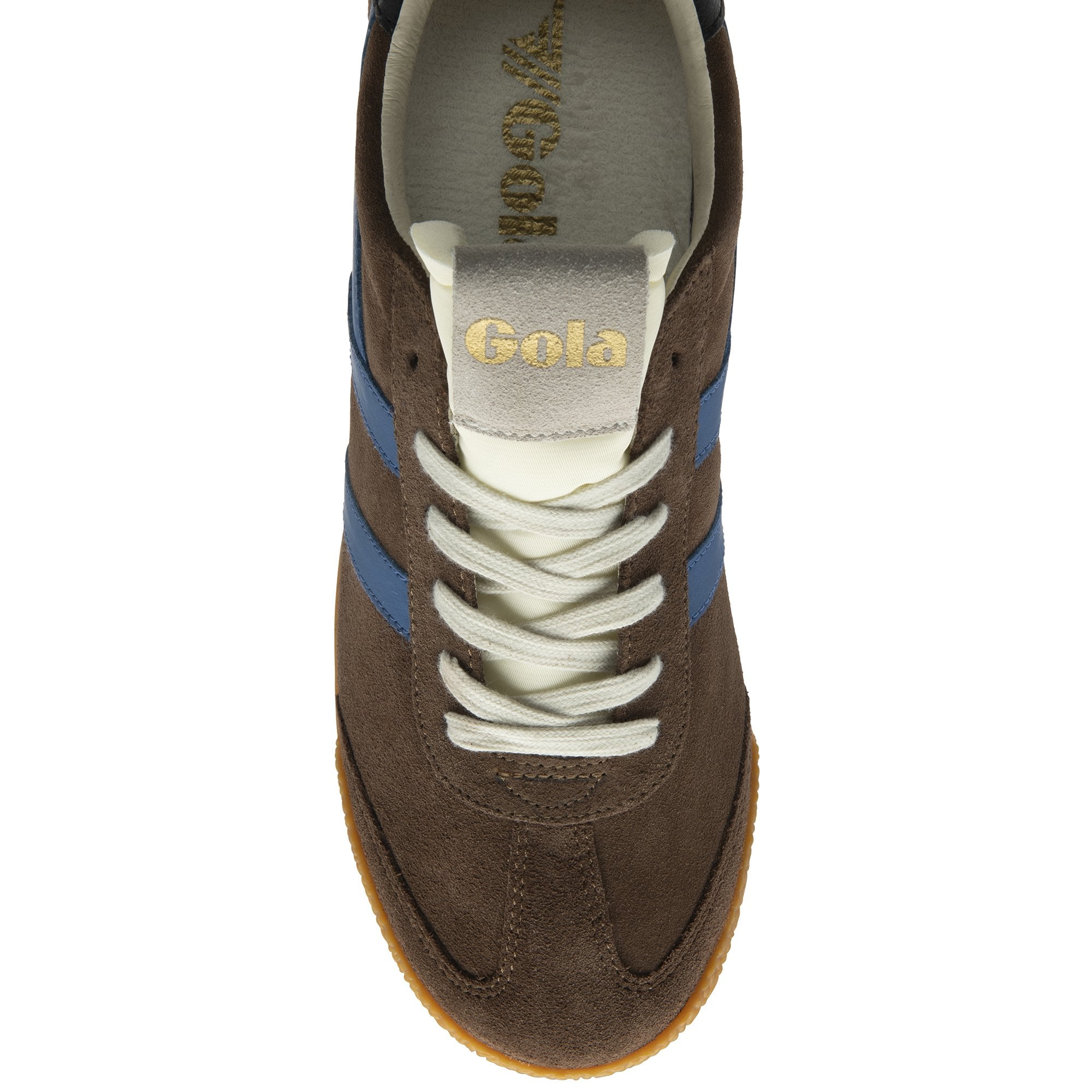 Top-down view of a brown Gola men's sneaker with blue stripes, gold logo, and white laces.