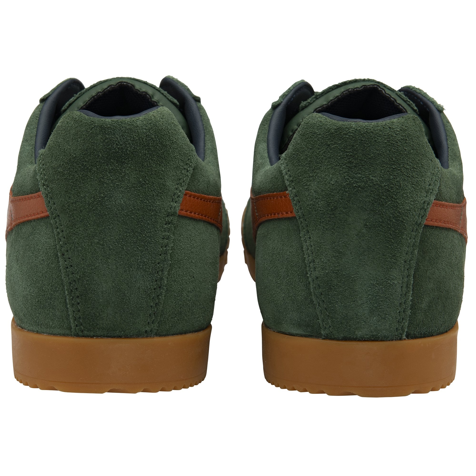The back of a pair of Gola men's Harrier sneakers in green and brown.