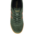 The top view of a single Gola men's Harrier sneaker in green and brown.