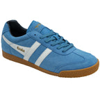 Light blue Gola suede sneaker with white stripes and gum sole.