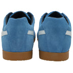 Back view of light blue Gola suede sneakers with white heel accents.