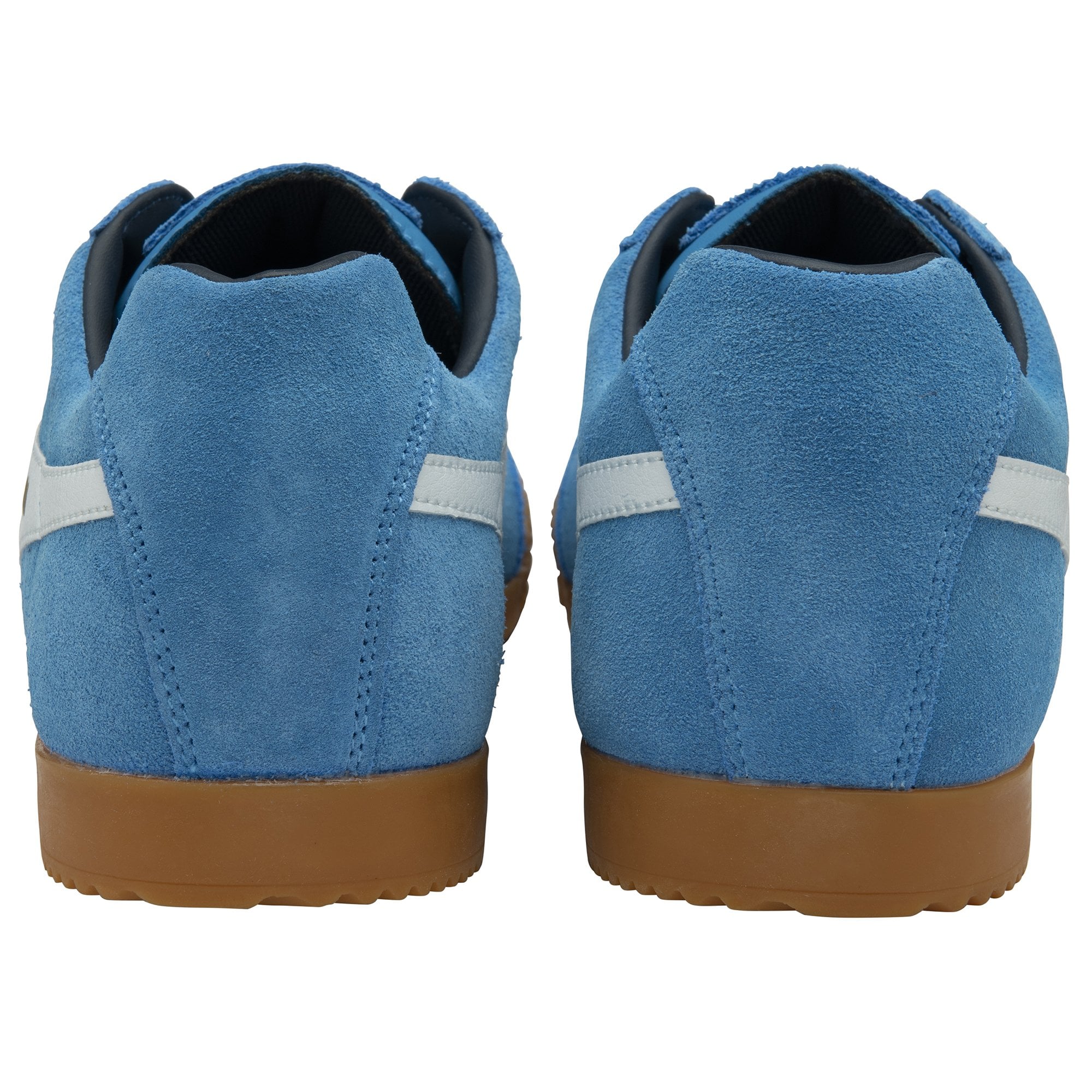 Back view of light blue Gola suede sneakers with white heel accents.