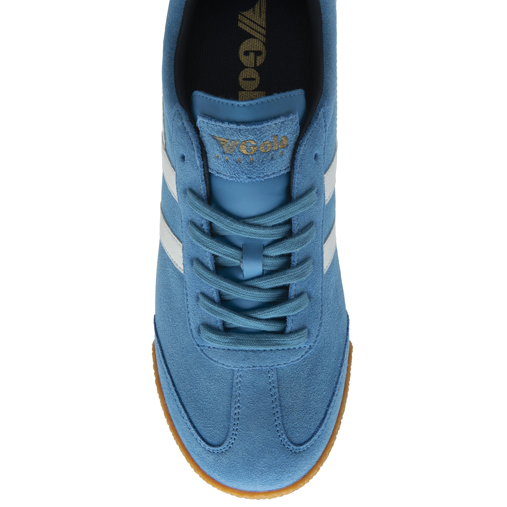 Top down view of a light blue Gola suede sneaker with white stripes.