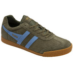 A single Gola men's Harrier shoe in dark green suede with blue stripes and brown sole.