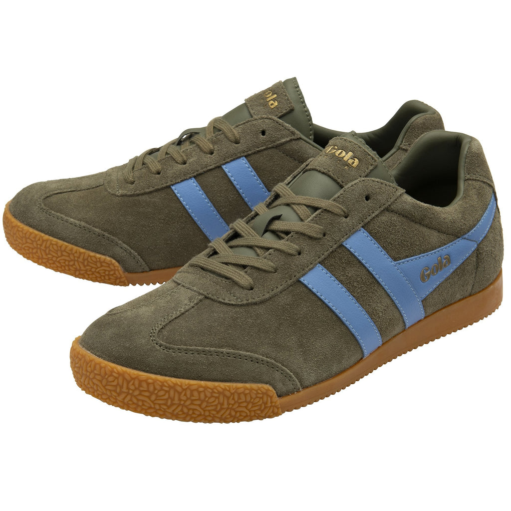 Two Gola men's Harrier shoes in dark green suede with blue stripes and brown soles.
