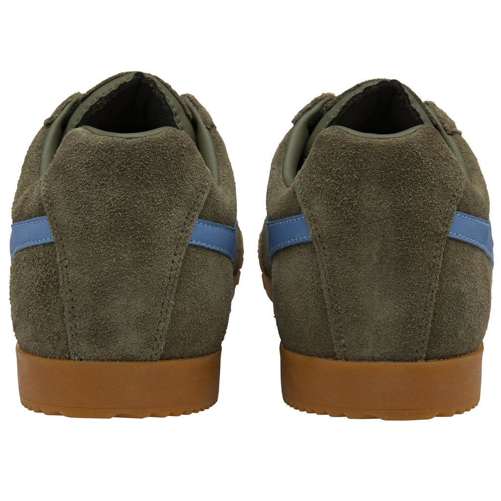 The back view of two Gola men's Harrier shoes with dark green suede and blue stripes.