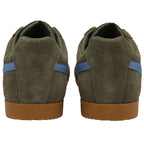 The back view of two Gola men's Harrier shoes with dark green suede and blue stripes.
