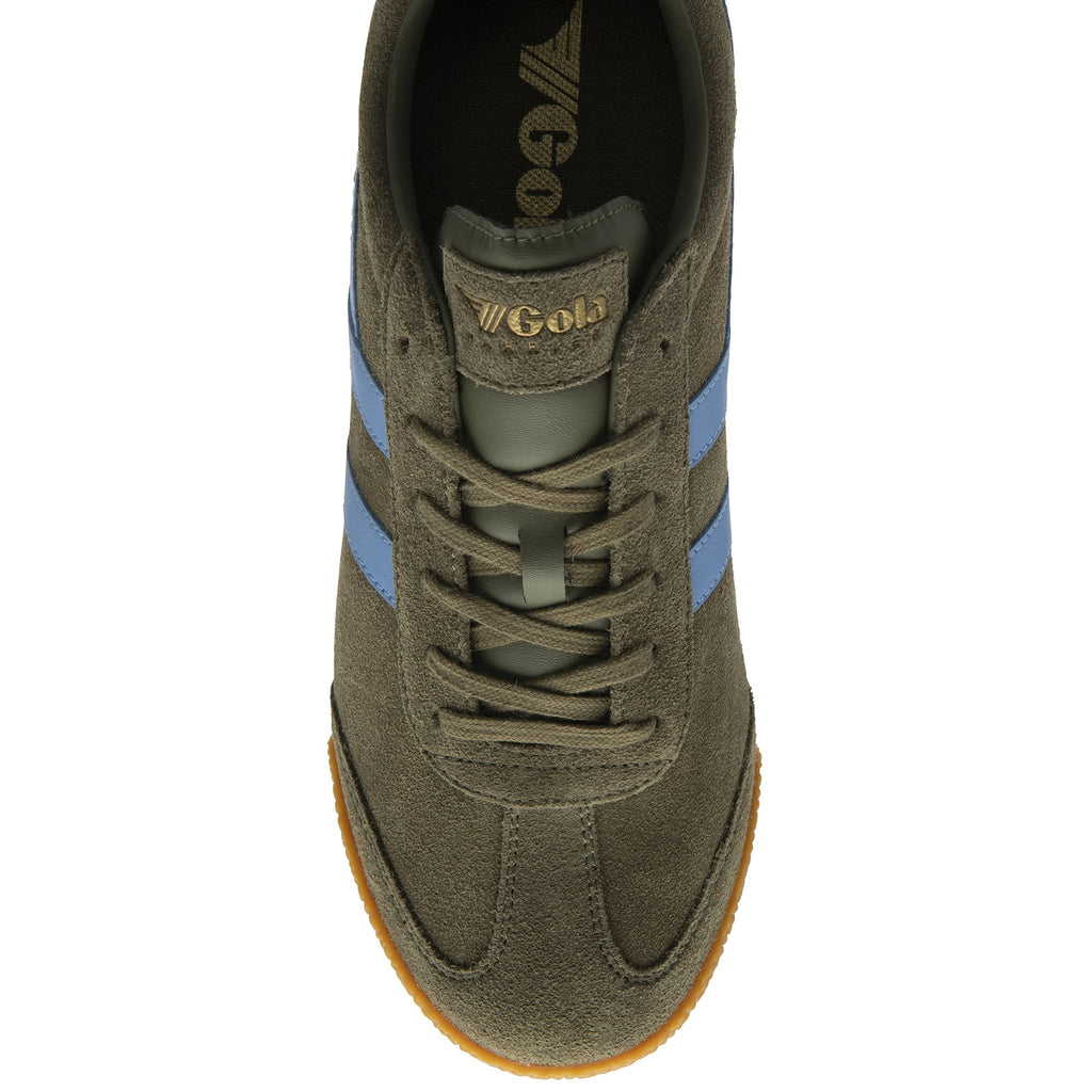 Top-down view of a single Gola men's Harrier shoe in dark green suede with blue stripes.
