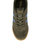Top-down view of a single Gola men's Harrier shoe in dark green suede with blue stripes.