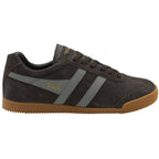 Brown suede Gola Harrier men's sneaker with grey stripes and gum sole, left side view.