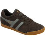 Brown suede Gola Harrier men's sneaker with grey stripes and gum sole, right side view.