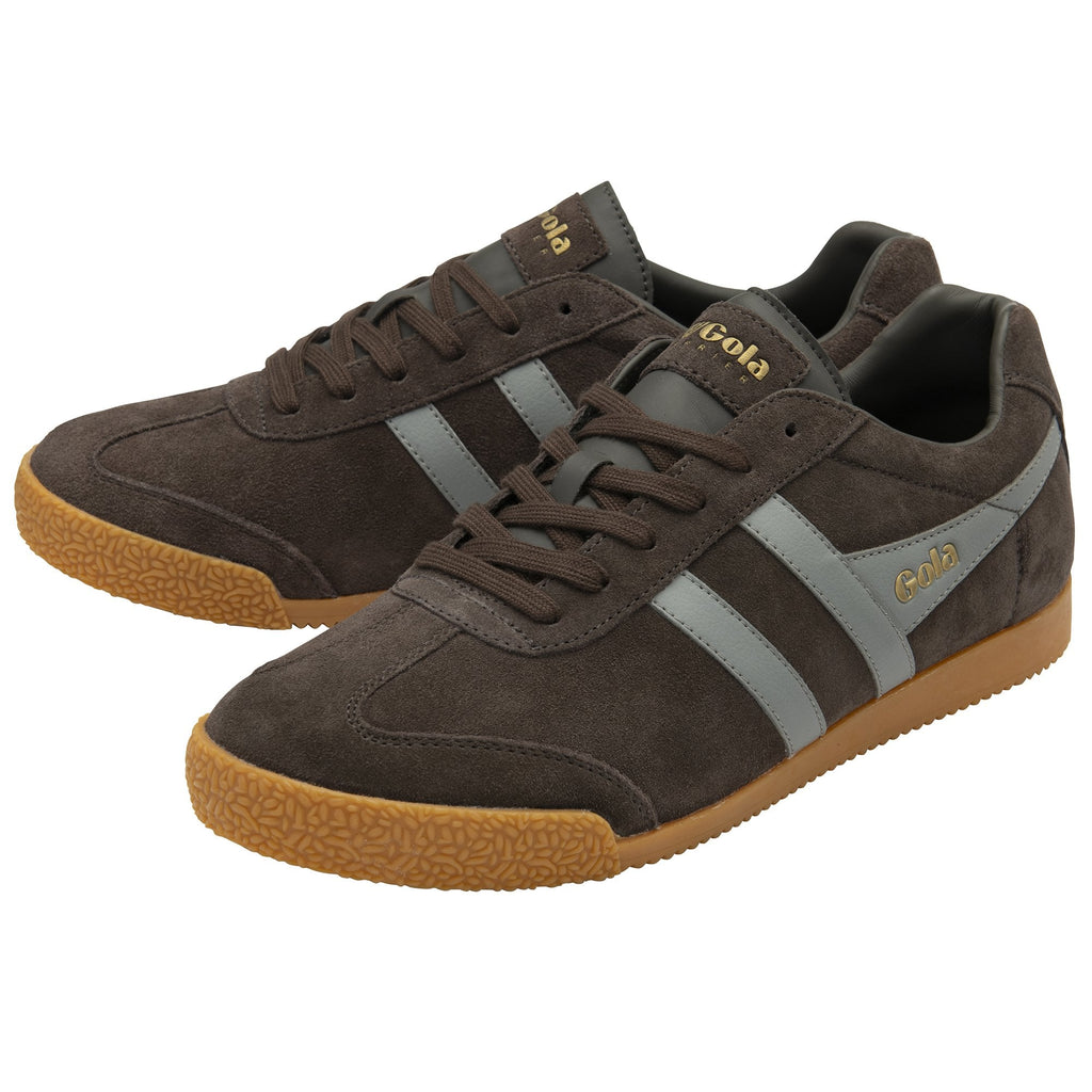 Pair of brown suede Gola Harrier men's sneakers with grey stripes and gum soles.