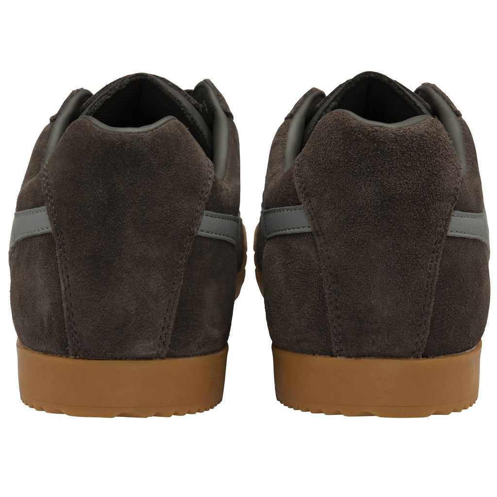 Back view of brown suede Gola Harrier men's sneakers with gum soles.