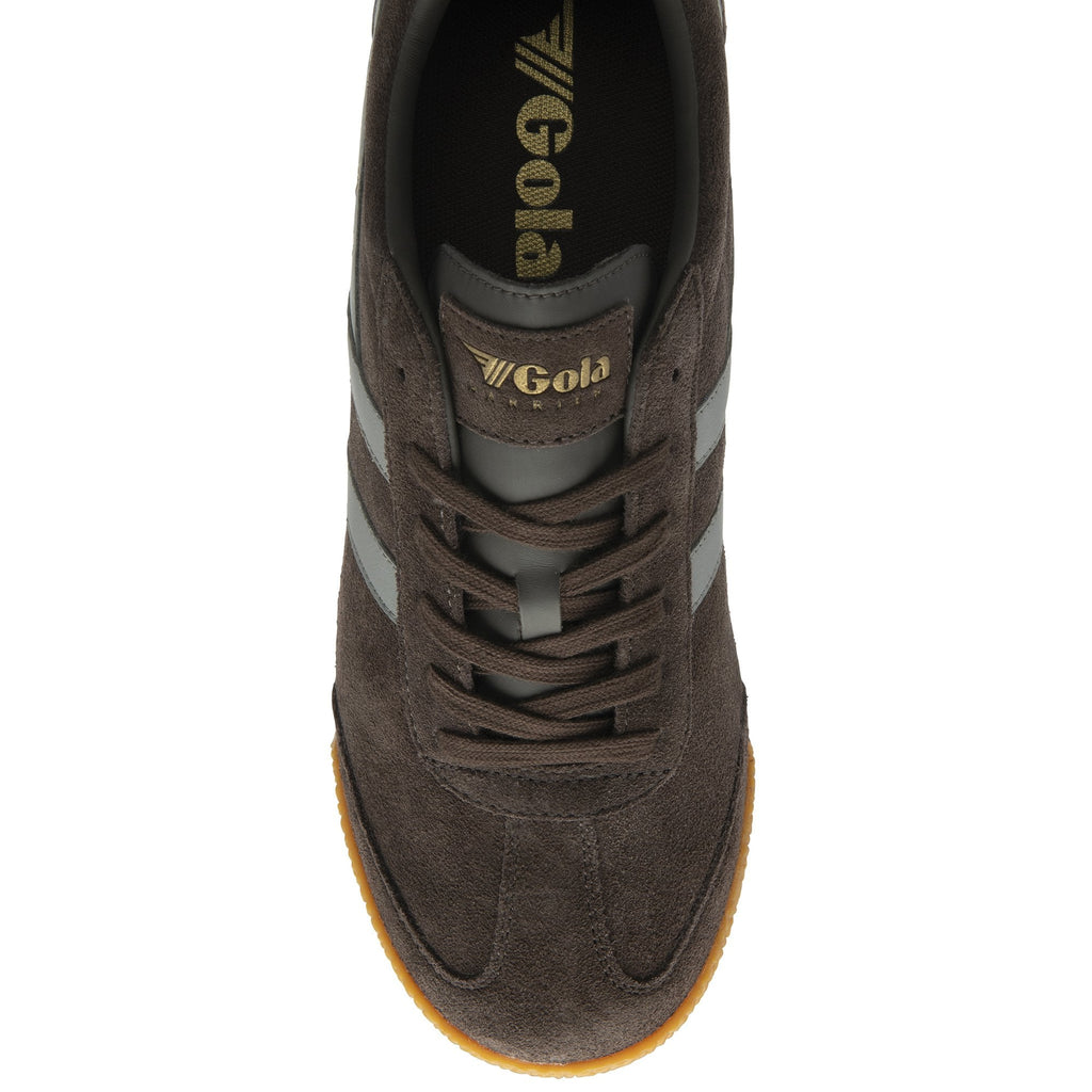 Top-down view of a brown suede Gola Harrier men's sneaker with grey stripes.