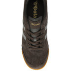 Top-down view of a brown suede Gola Harrier men's sneaker with grey stripes.