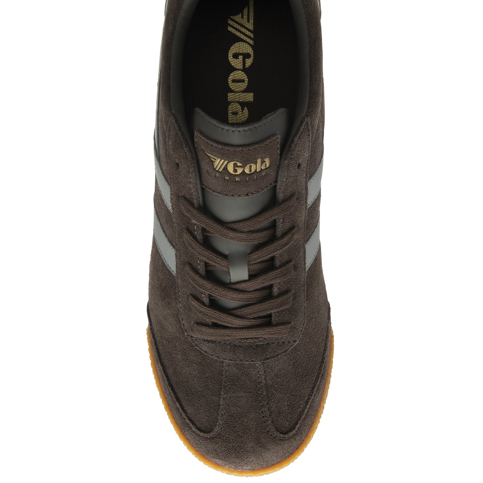 Top-down view of a brown suede Gola Harrier men's sneaker with grey stripes.