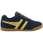 A single Gola men's sneaker in navy suede with gold stripes, viewed from the side.