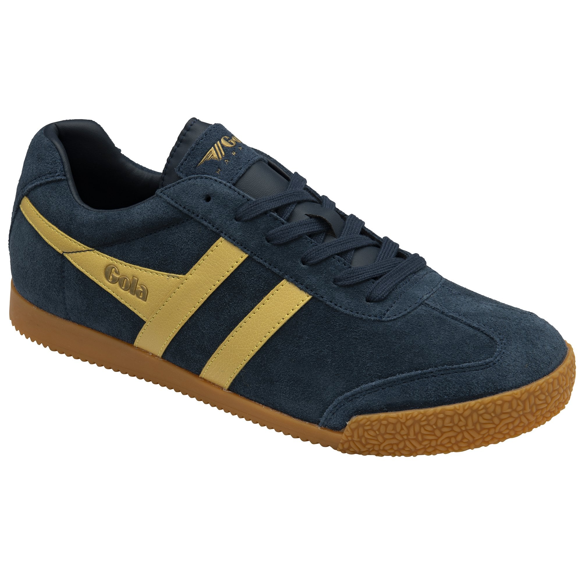 A single Gola men's sneaker in navy suede with gold stripes, viewed at an angle.