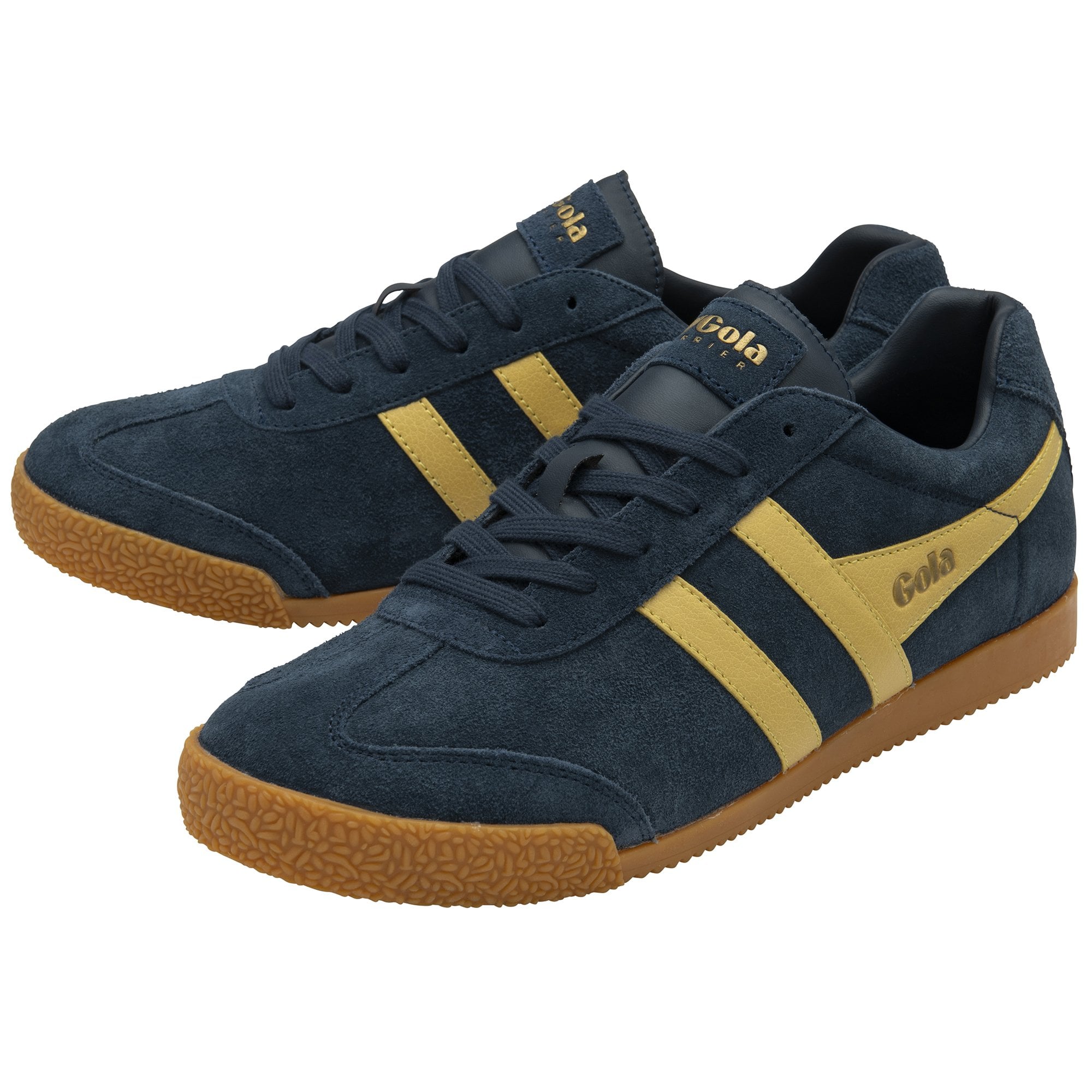 A pair of Gola men's sneakers in navy suede with gold stripes, viewed at an angle.