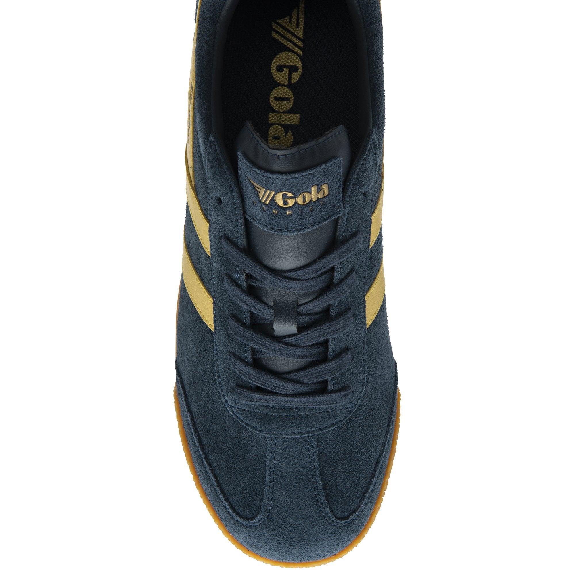 The top-down view of a single Gola men's navy suede sneaker with gold stripes.