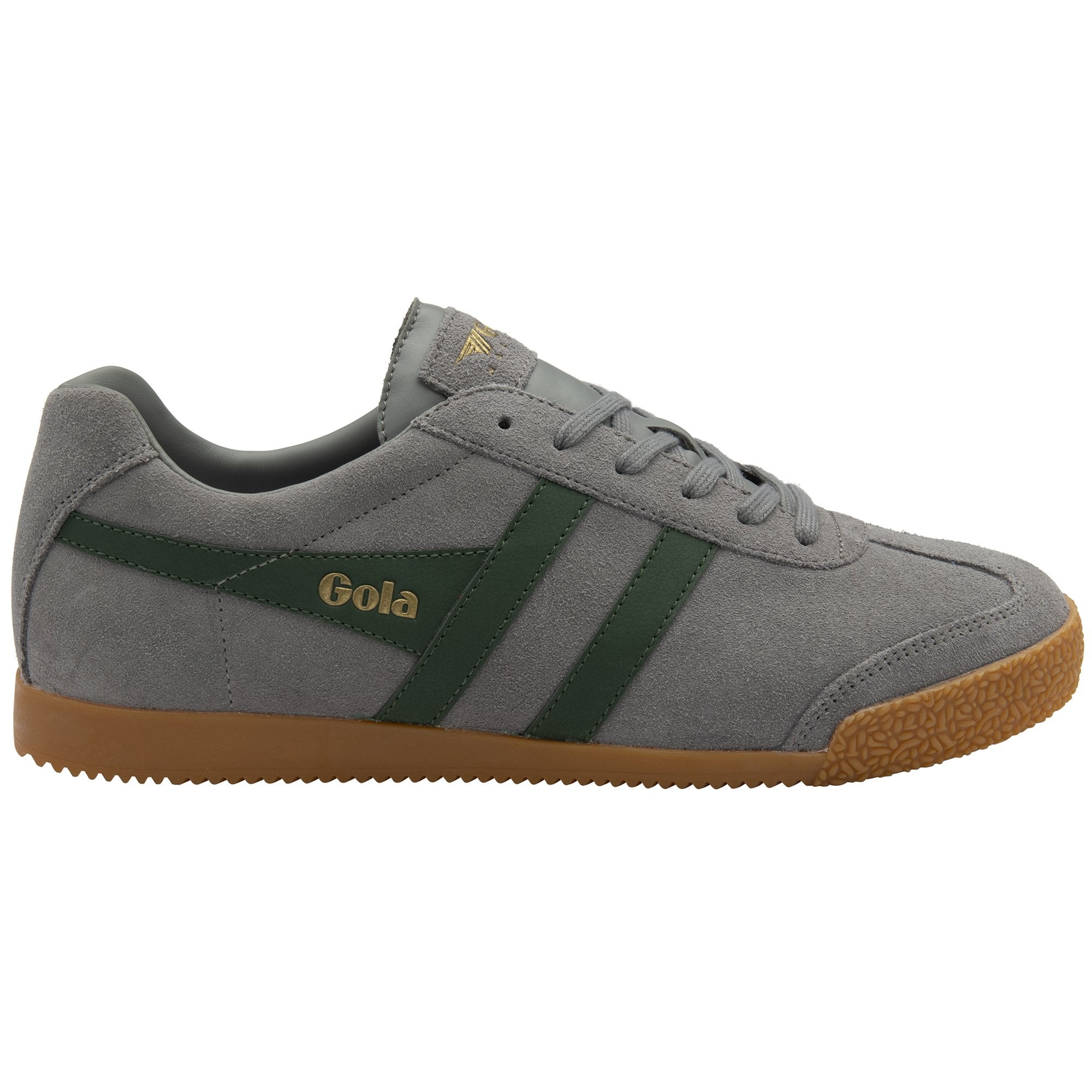 Side profile of a single gray Gola sneaker with green stripes and a gum sole.