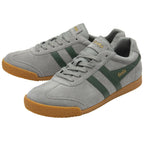 Pair of gray Gola sneakers with green stripes and gum soles, displayed together.