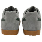 Rear view of a pair of gray Gola sneakers with green stripes.
