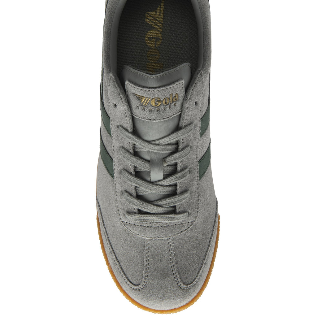 Top-down view of a single gray Gola sneaker with green stripes and laces.