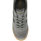 Top-down view of a single gray Gola sneaker with green stripes and laces.