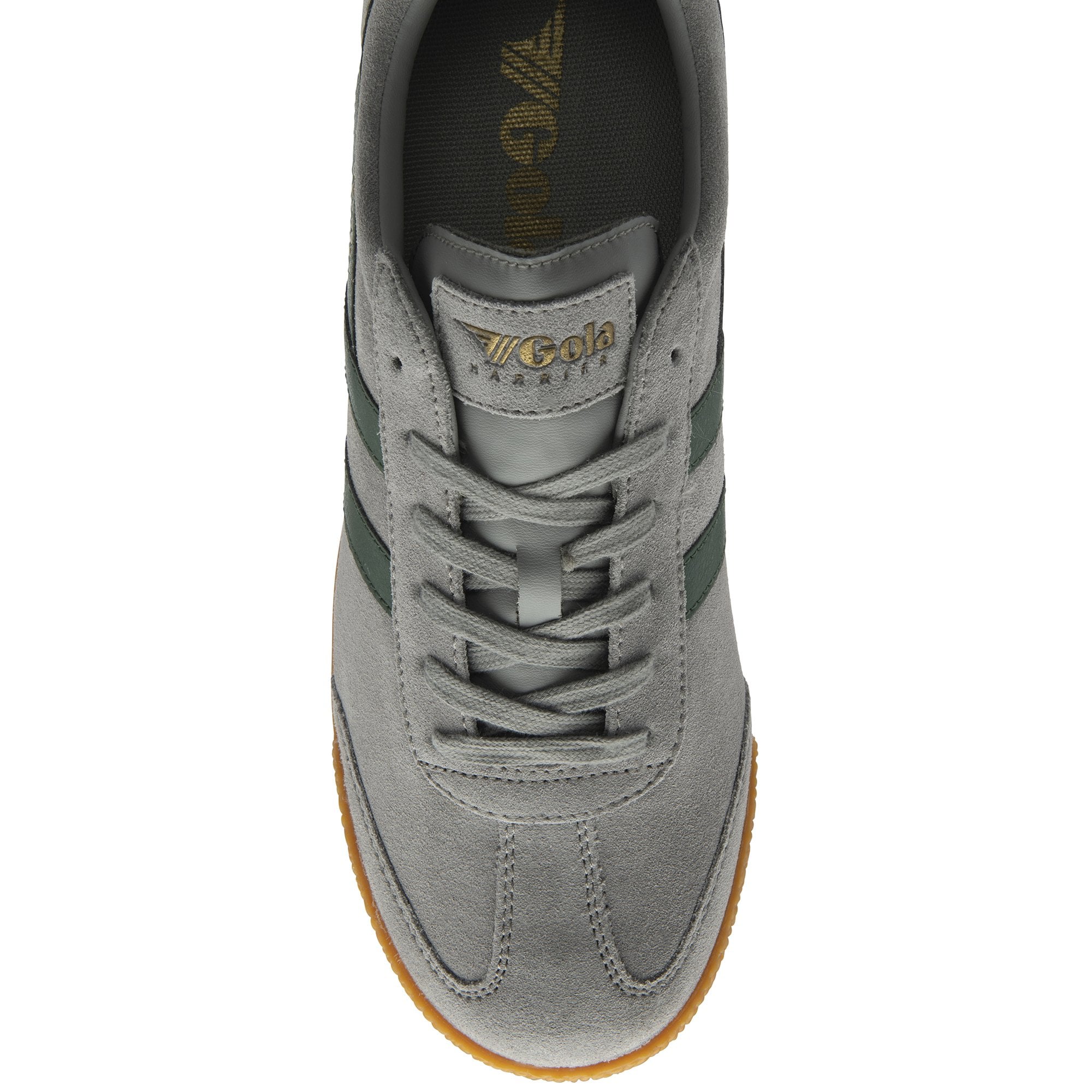 Top-down view of a single gray Gola sneaker with green stripes and laces.